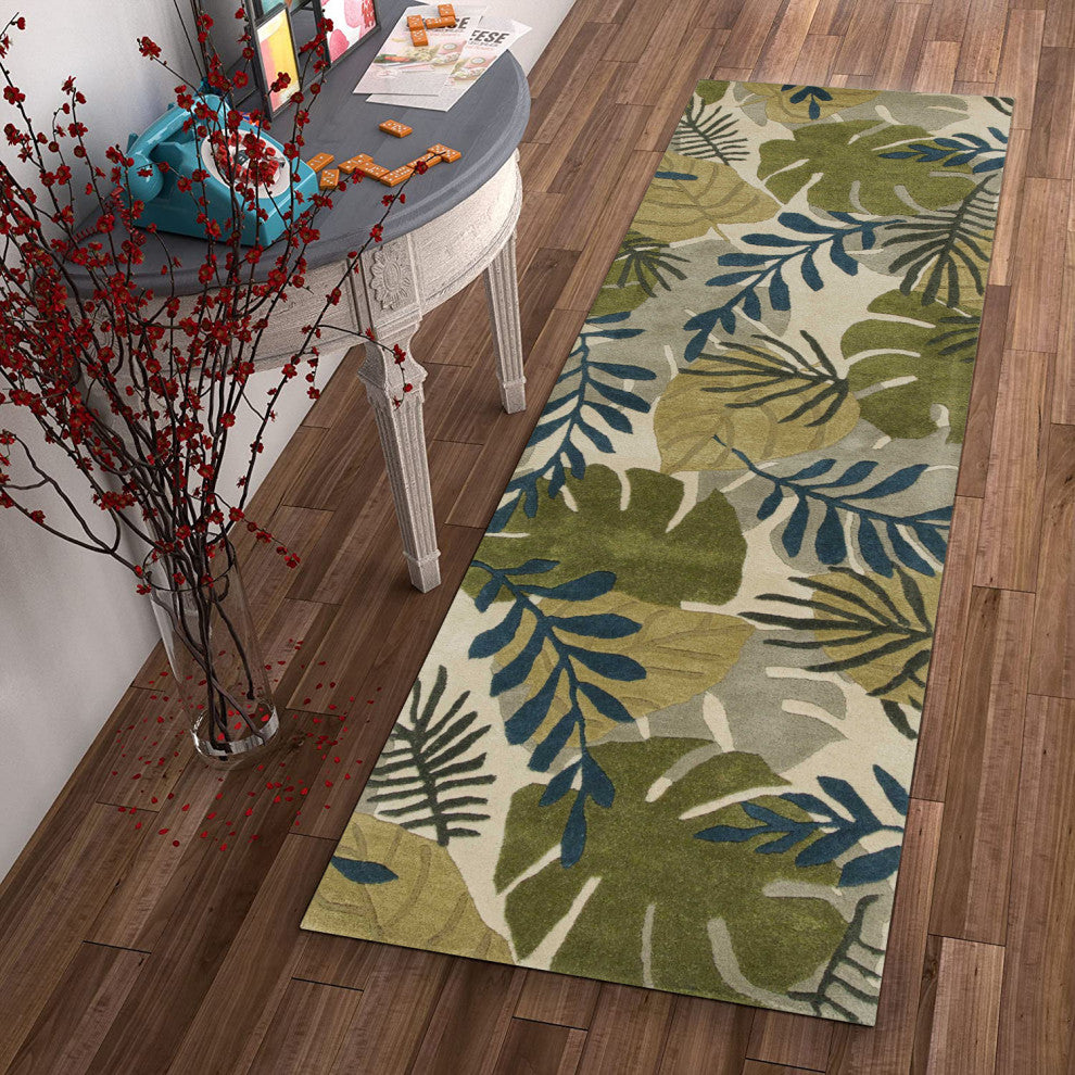 HomeRoots 8' Ivory Hand Tufted Oversized Tropical Leaves Indoor Runner Rug