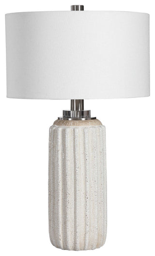 Deep Ribbed Crackled Ceramic Table Lamp Cream Beige Vertical Lines Elegant