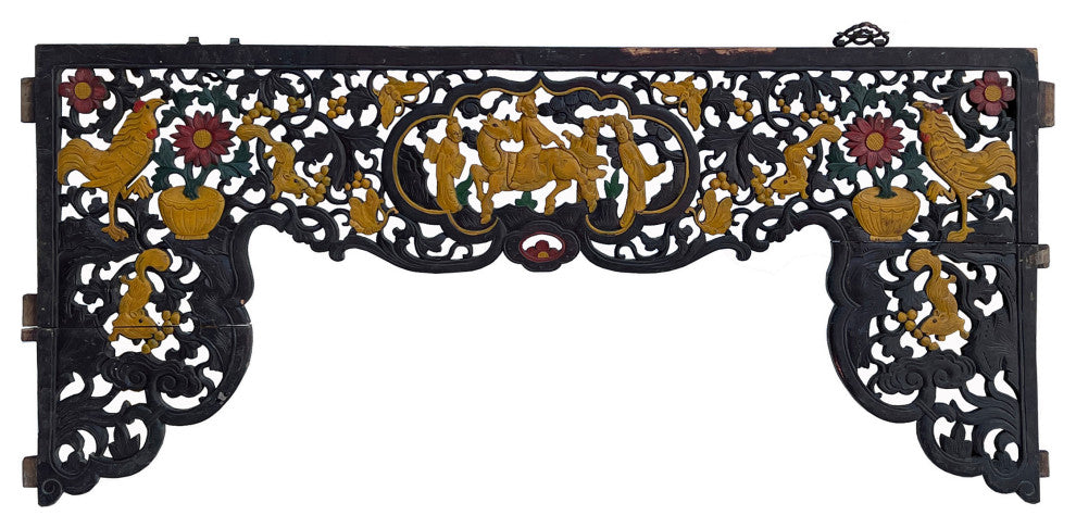 Chinese Vintage Golden Relief Scenery Carving Arch Shape Wood Wall Art Hws3108