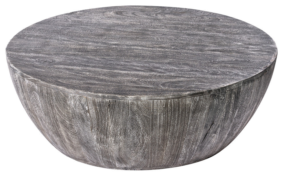 36" Coffee Table Mango Wood Round Drum Sandblasted Black Farmhouse Style