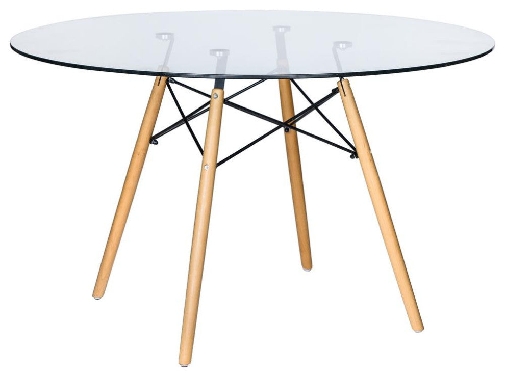Leisuremod Dover Round Glass Top Dining Table With Natural Wood Eiffel Base