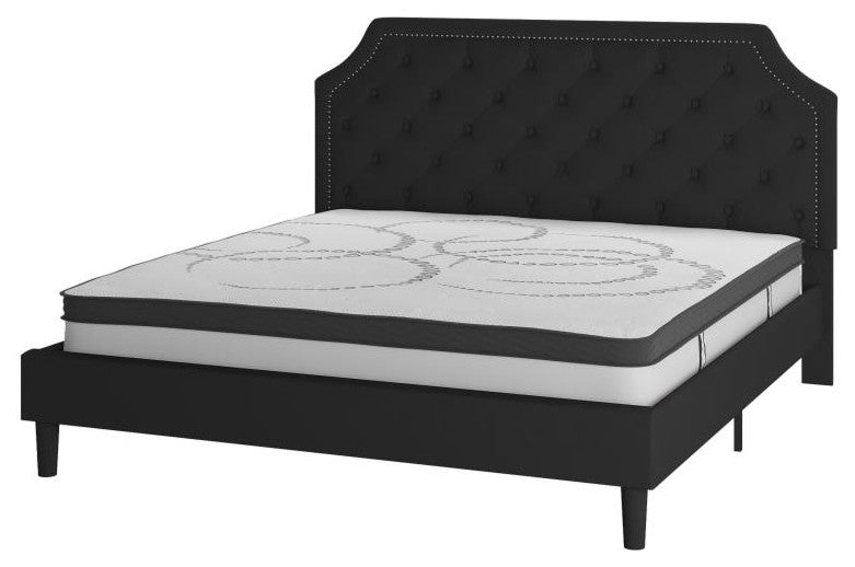 Roxbury Upholstered Platform Bed -10 Inch Foam & Pocket Spring Mattress, Black With Nail Trim, King