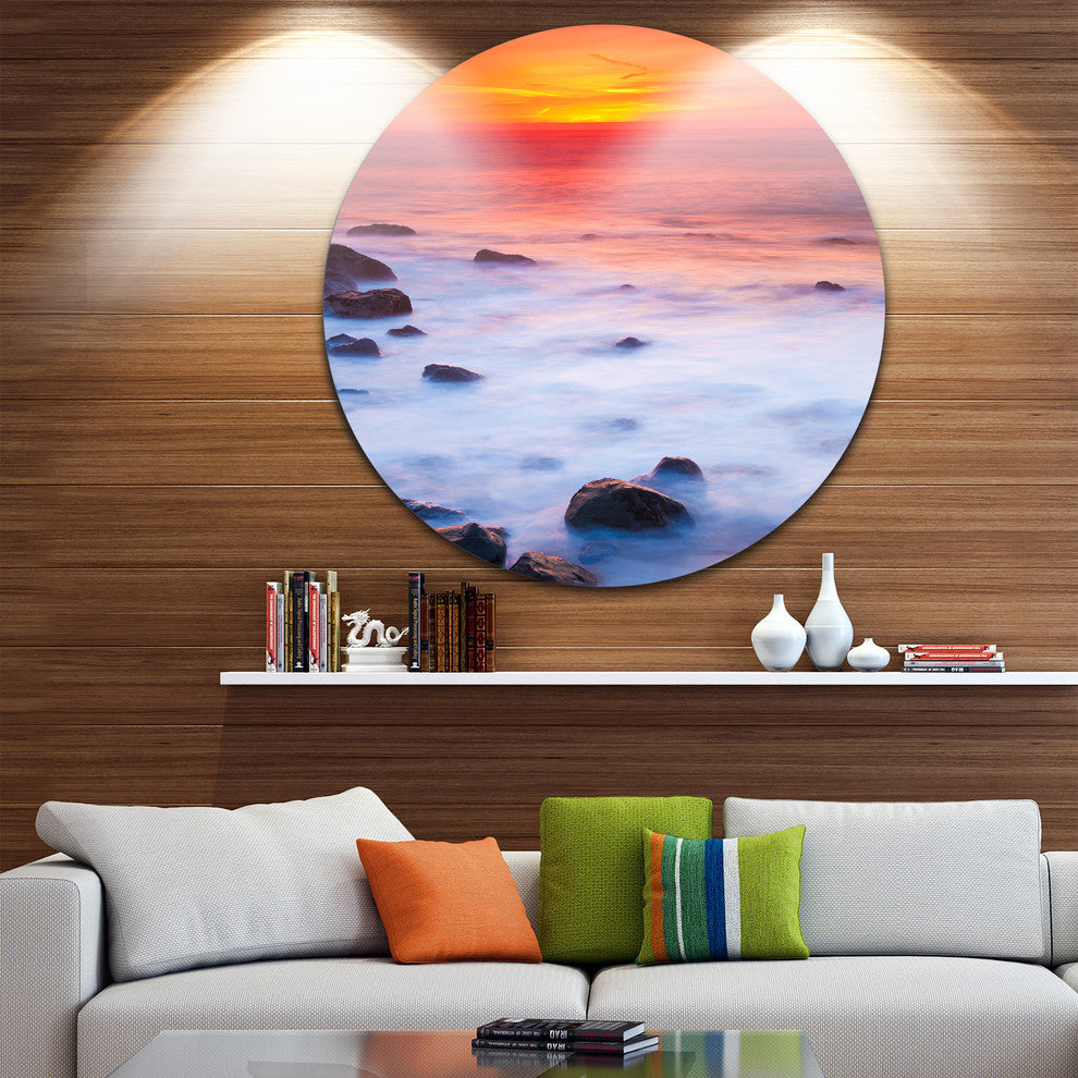 Bright Red Rocky Coast Sunset, Seashore Round Metal Wall Art, 11"