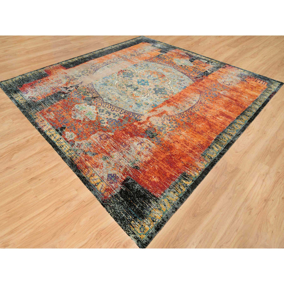 Orange Wool Hand Knotted Ancient Ottoman Erased Design Square Rug 12'1"x12'1"