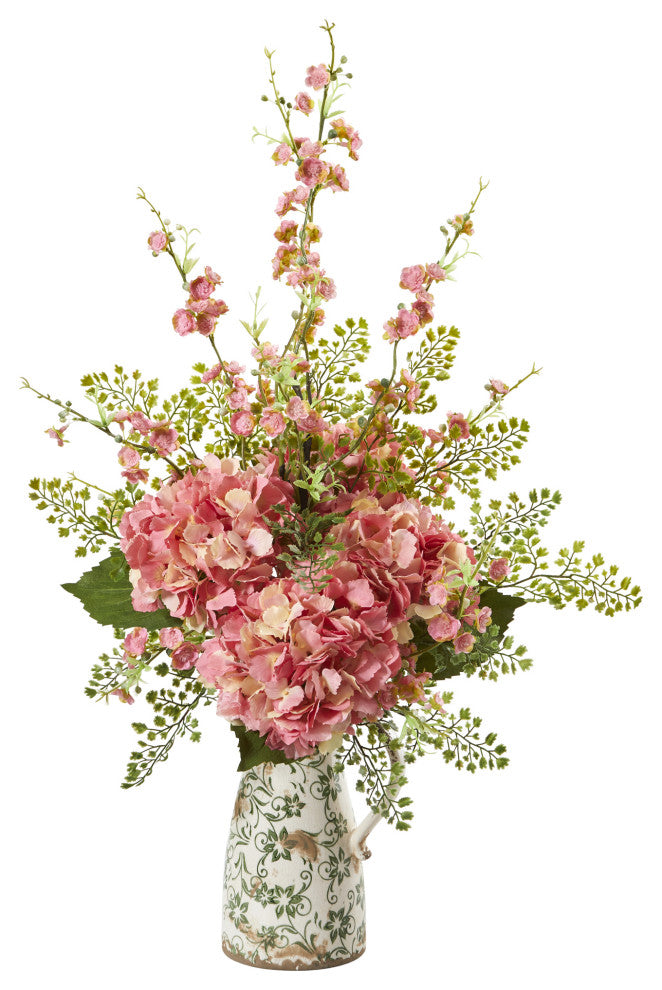 27" Cherry Blossom, Hydrangea and Maiden Hair Faux Arrangement, Floral Pitcher