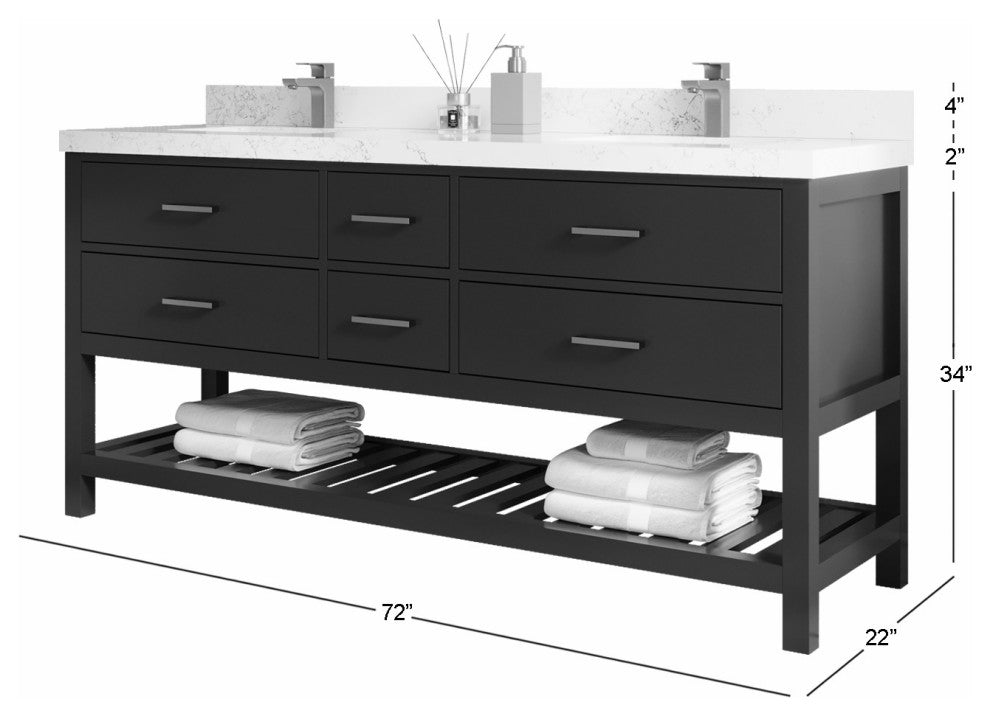 Parker 72" Double Sink Bath Vanity, Evergreen 2" Calacatta Black