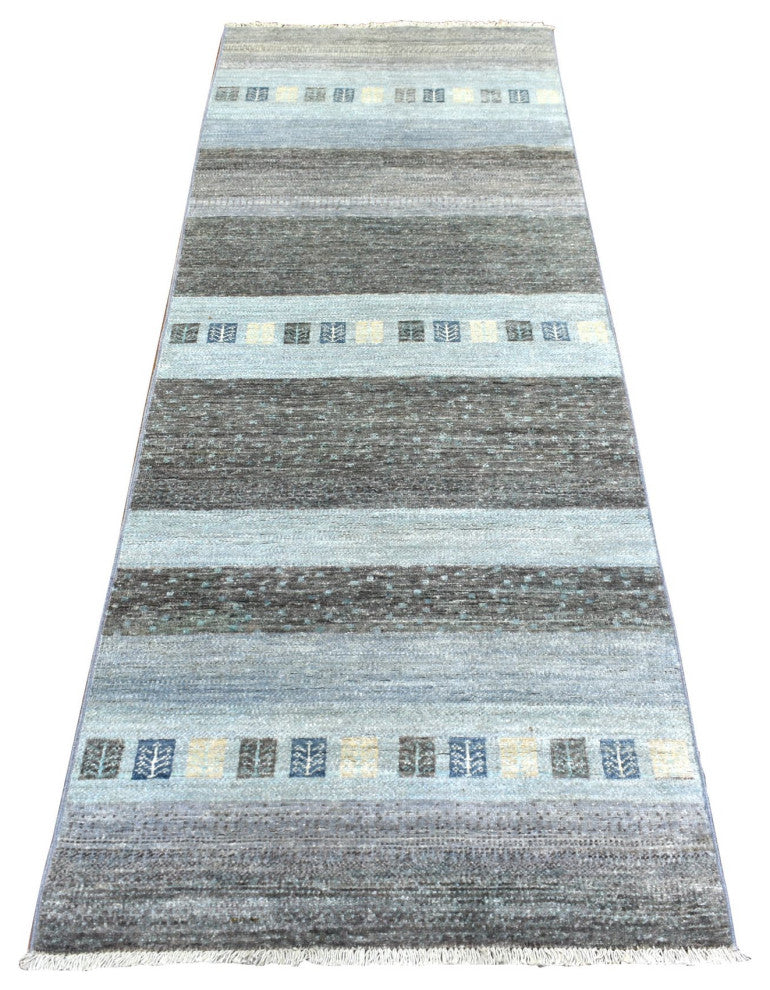 Gray, Afghan Kashkuli Gabbeh Design, Wool Hand Knotted Runner Rug, 2'8"x7'8"