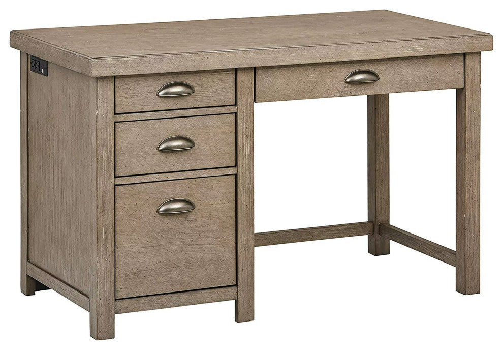 Rustic Transitional Desk, Charging Station & Drawers With Curved Handles, Gray