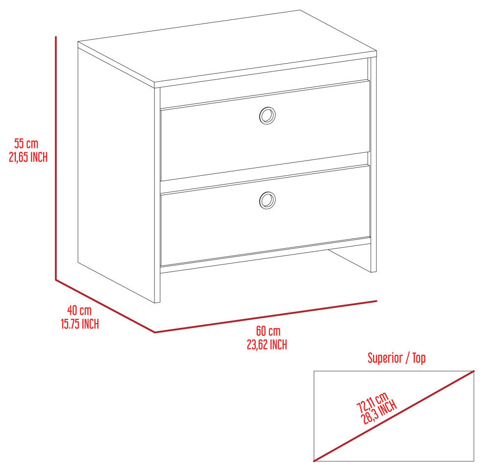 Lily Nightstand with 2 Drawers, White/Dark Brown