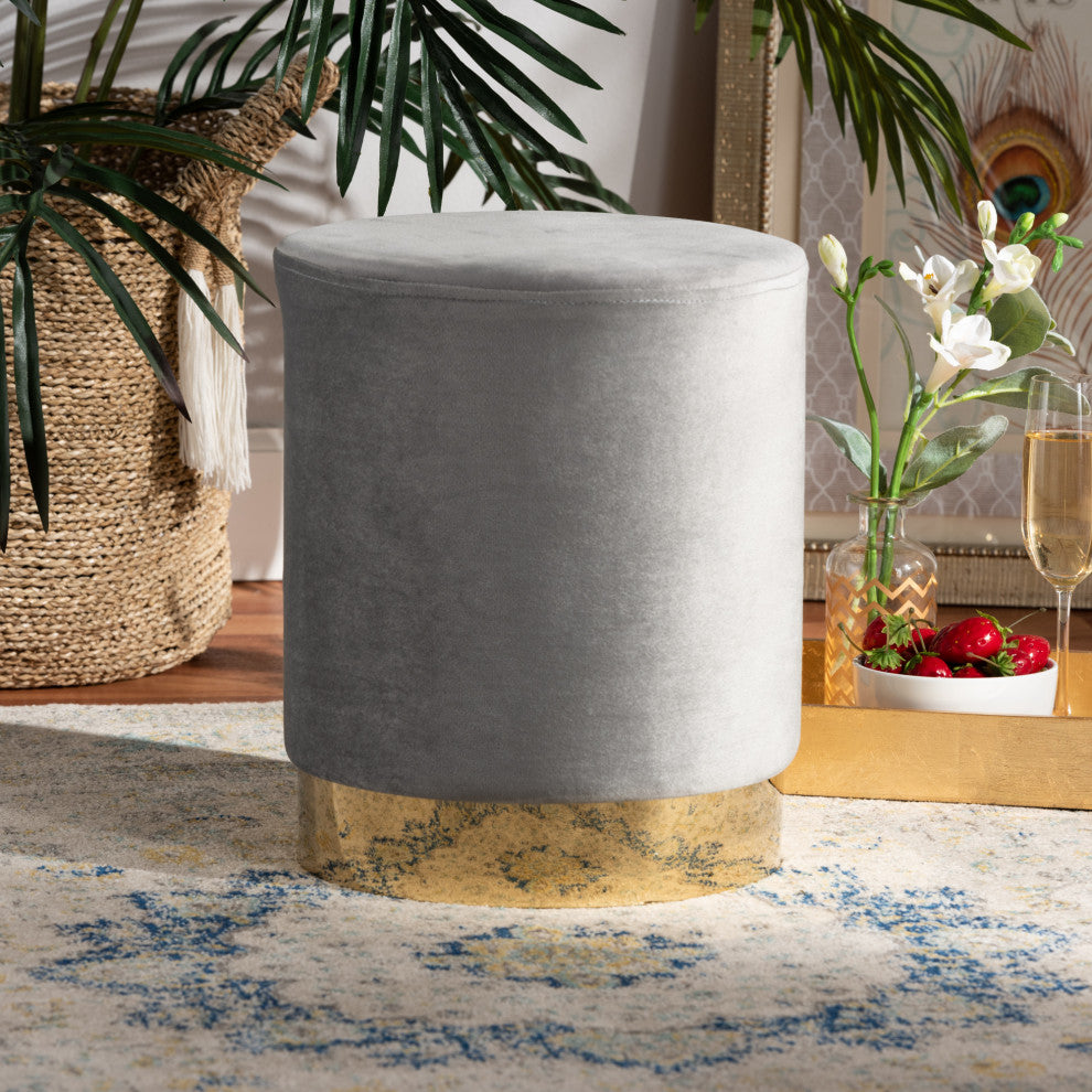 Greaves Glam Velvet Fabric Upholstered Ottoman, Gray/Gold