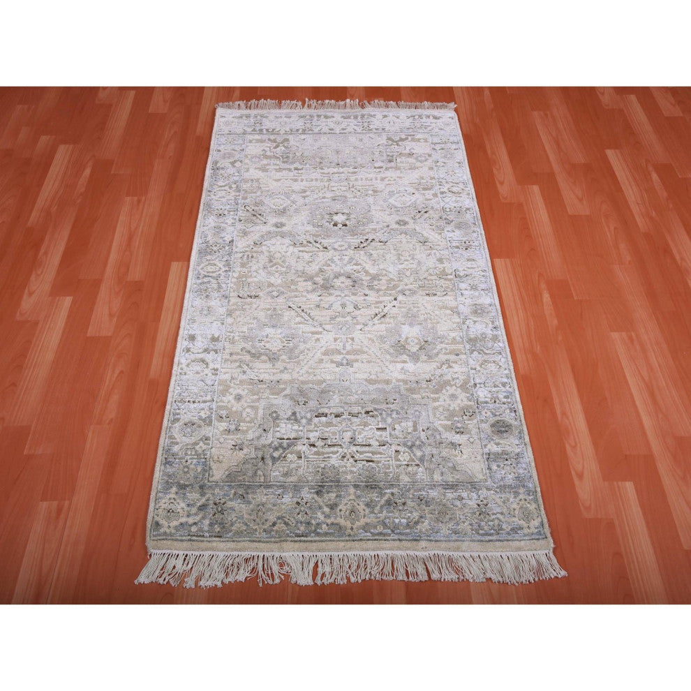 Gray, Pure Silk And Textured Wool Hand Knotted, Oushak Oriental Rug, 3'0" x 5'2"