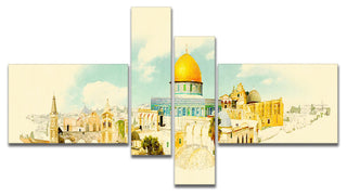 Jerusalem Panoramic View, Cityscape Watercolor Canvas Print, 60"x32", 4 panels