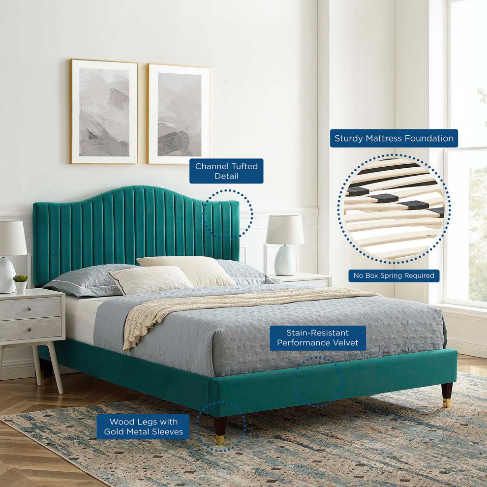 Tufted Platform Bed Frame, Full Size, Velvet, Teal Blue, Modern Contemporary