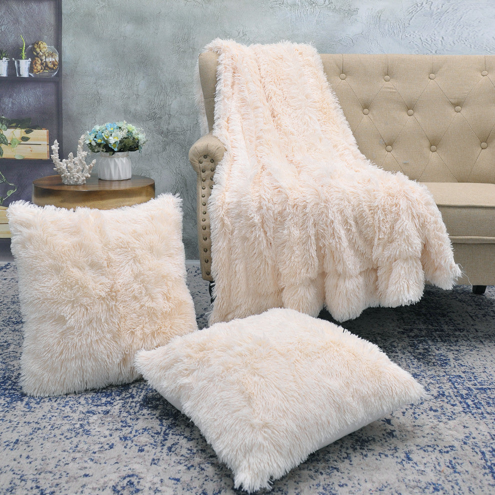 Shaggy Throw Blanket and 2 Pillow Shell 3 Piece Set, Ivory, Throw 50"x60" and 2 Pillow Shells 20"x20"