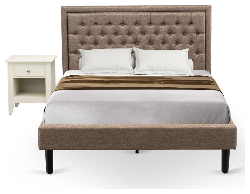 2Pc Bed Set, 1 Queen Size Bed Frame Dark Khaki, 1 Small Night Stand, Black Legs