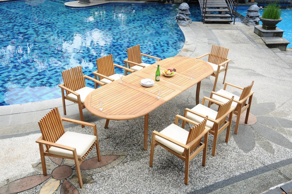 9-Piece Outdoor Teak Dining Set: 117" Oval Ext Table, 8 Clip Stacking Arm Chairs