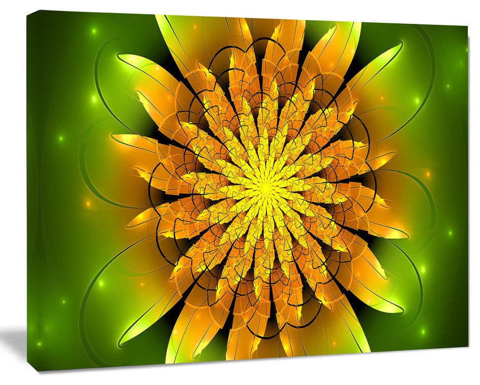 Bright Yellow Fractal Flower on Green, Floral Canvas Art Print, 60"x28"