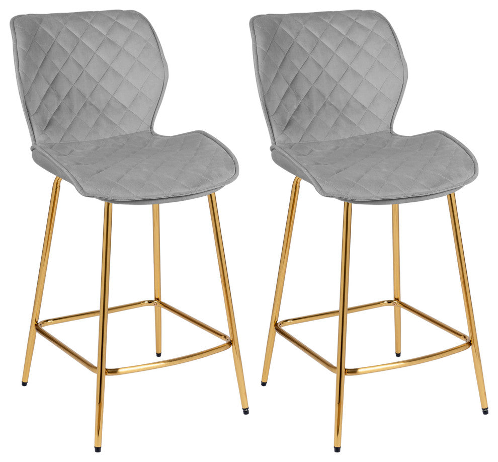 Set of 2 Curvy Diamond Stitched Velvet Bar Stools, Grey, 24 Inch