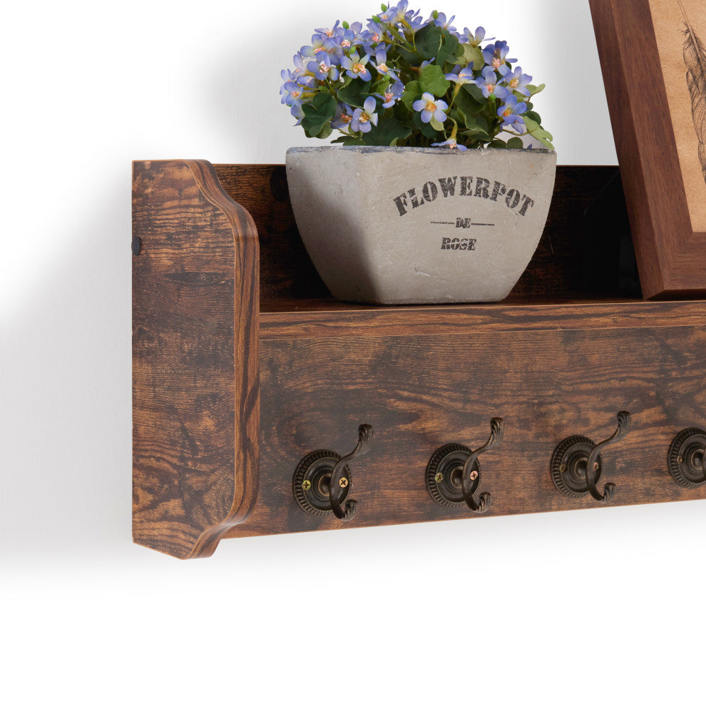 Danya B. Entryway Floating Utility Wall Shelf with Hooks "“ Wall Mounted, Pine