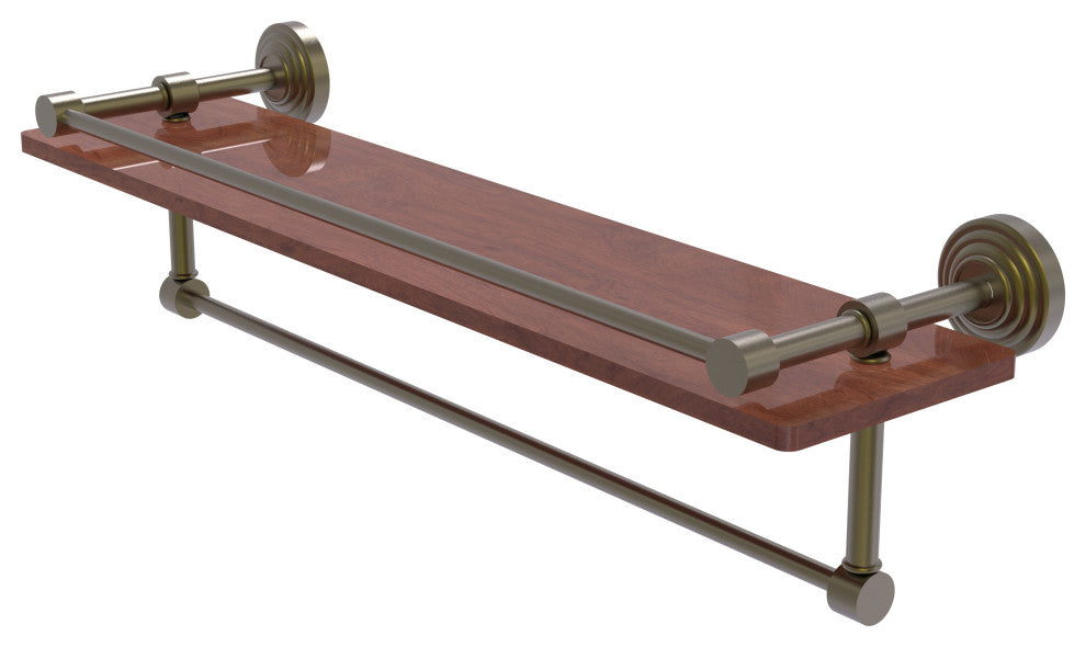 Waverly Place 22" Wood Shelf with Gallery Rail and Towel Bar, Antique Brass