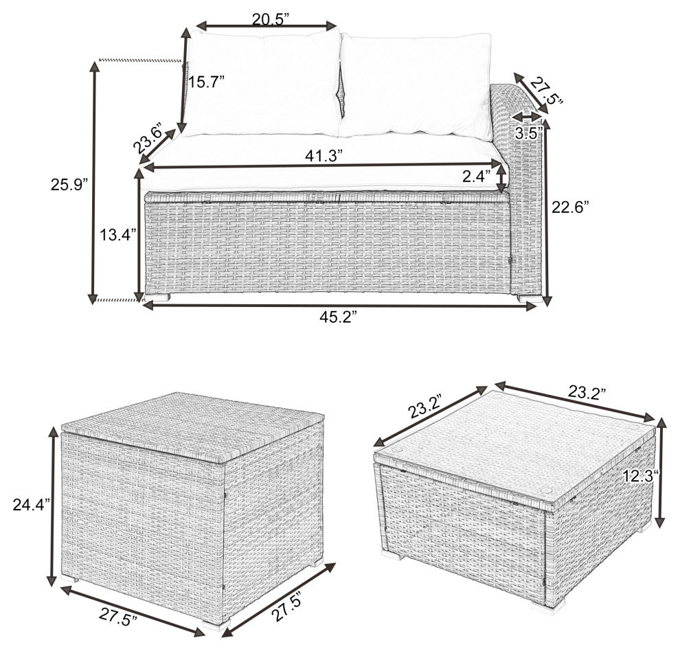 4 Pieces Outdoor Rattan Wicker Patio Sectional With Storage and Cushions