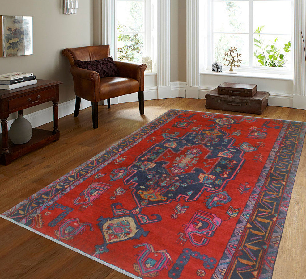 Fine Vintage Distressed Yadiel Red/Navy Rug, 5'6x9'0