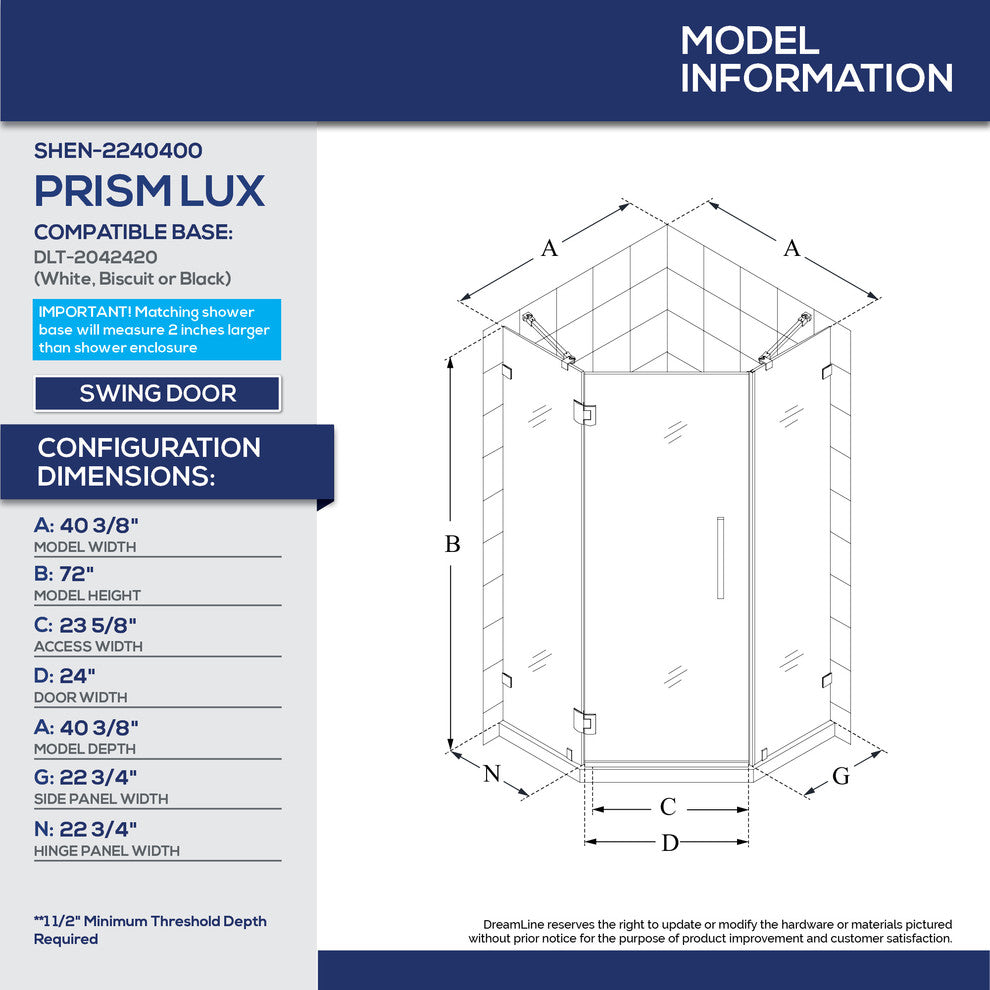 Dreamline Prism Lux 40 3/8"x40 3/8" Frameless Hinged Shower Enclosure