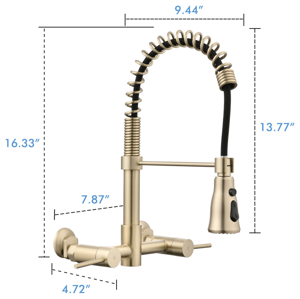 Wall Mounted Bridge Kitchen Faucet, Brushed Gold