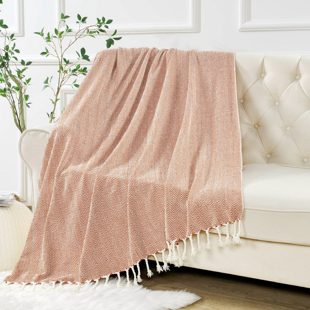 Chevron Knit Woven Throw Blanket, Rust