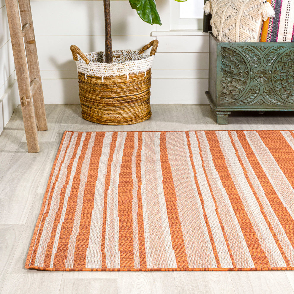 Castara Wavy Stripe Modern Indoor/Outdoor Area Rug, Orange/Cream, 8x10