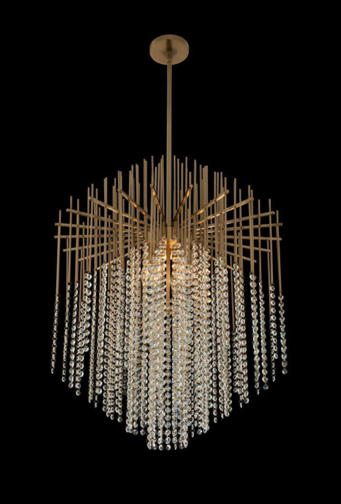6 Light 26" Pendant, Brushed Champagne Gold With Crystal