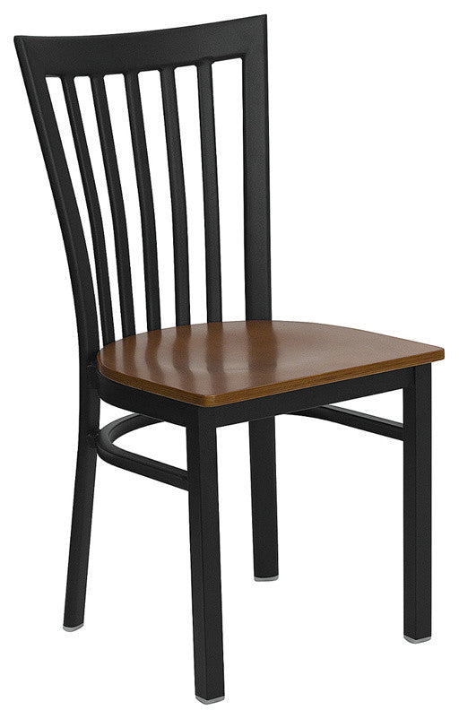 Black School House Back Metal Restaurant Chair, Cherry Wood Seat