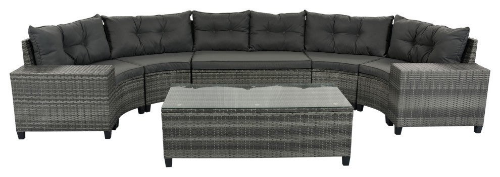8 Pieces Outdoor Wicker Curved Patio Sectional with Coffee Table and Cushions, Gray