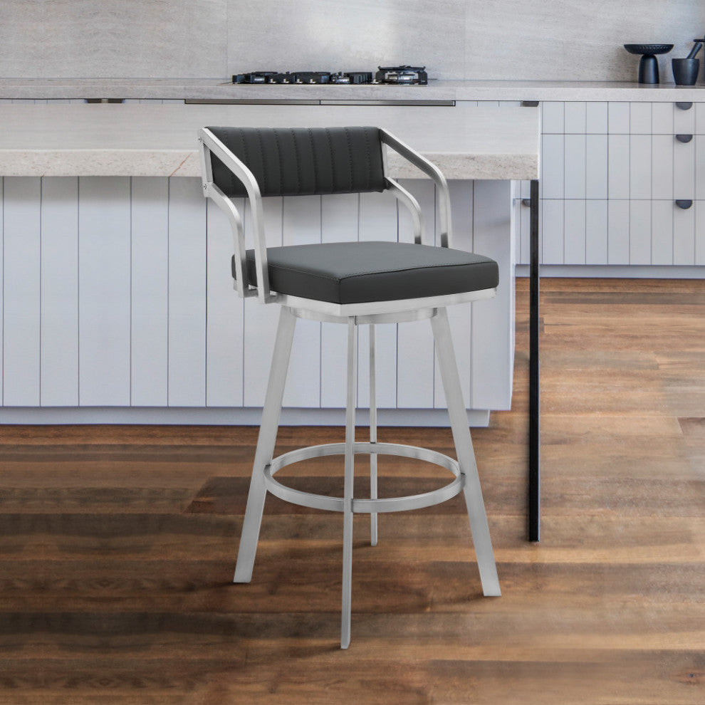 26" Timeless Slate Gray Faux Leather Silver Finish Swivel Counter Stool