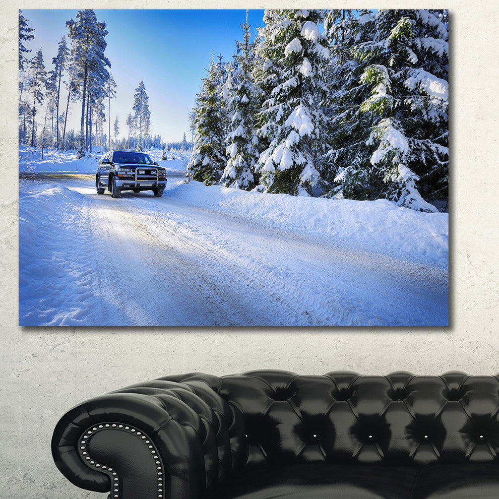 SUV Car Though Snowy Winter, Landscape Canvas Art Print, 40"x30"