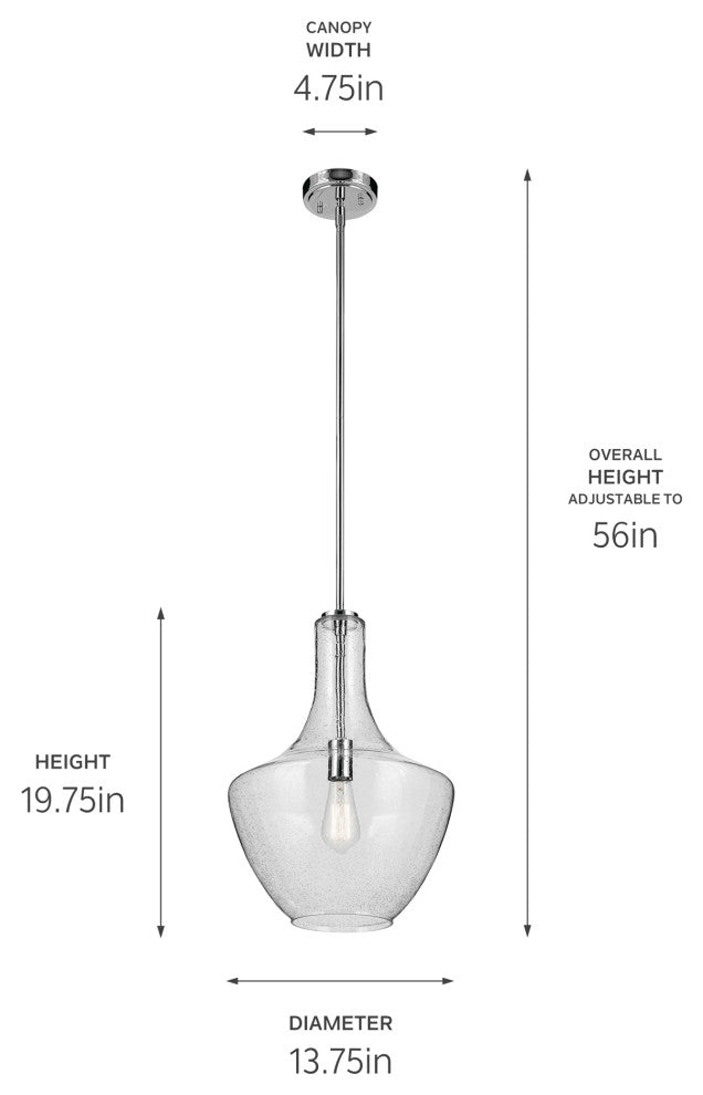 Everly 19.75" 1-Light Bell Pendant With Clear Seeded Glass, Chrome
