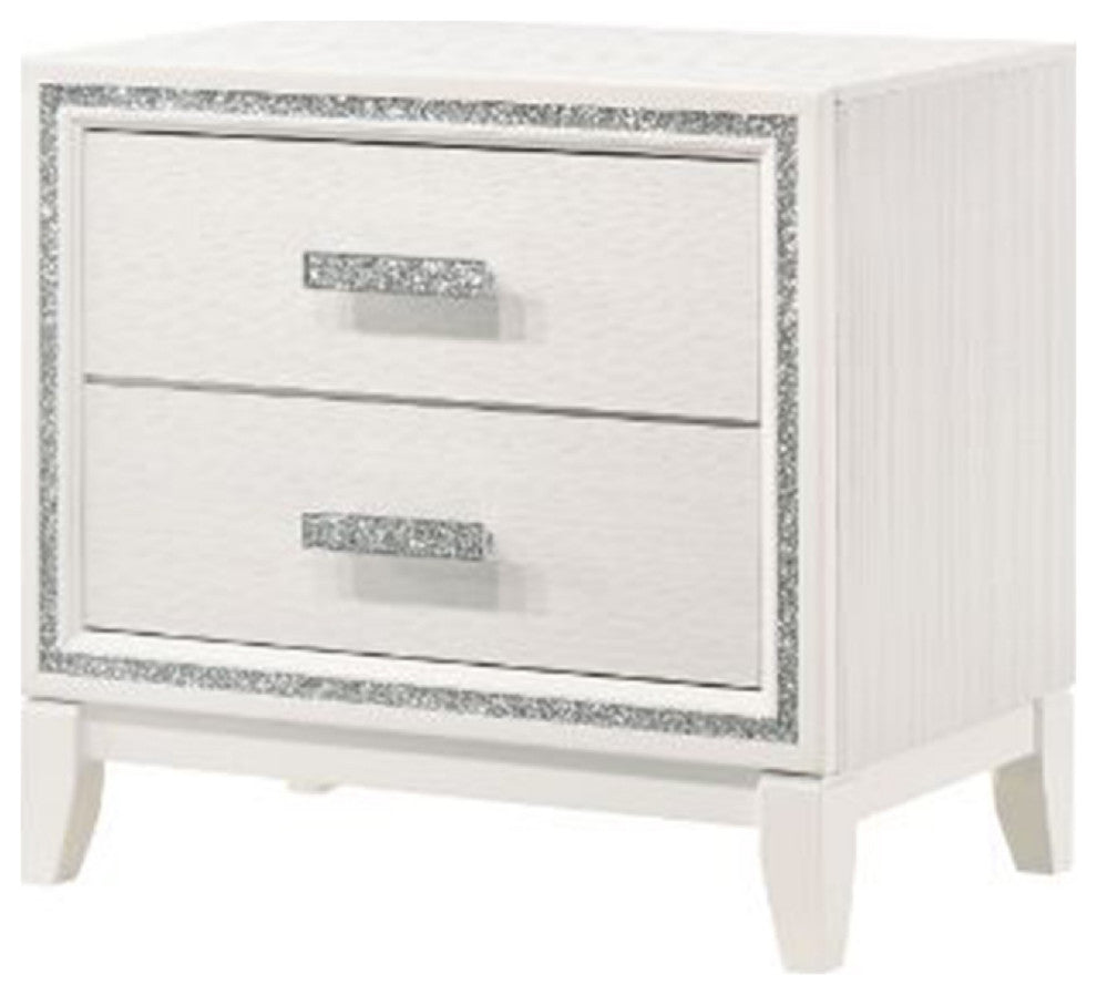 Benzara BM269071 Nightstand With 2 Drawers and Shimmer Accent Trim, White