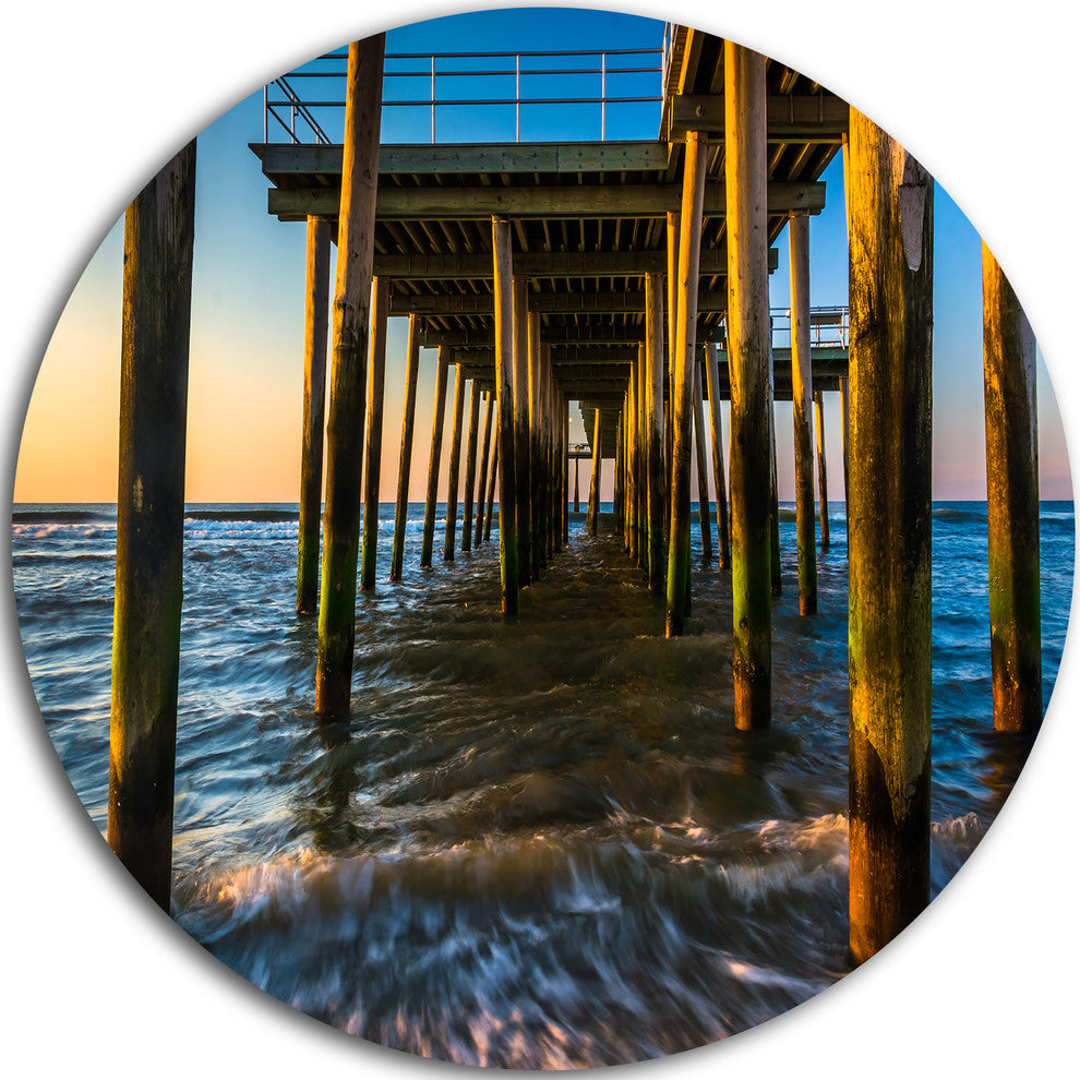 Fishing Pier And Waves At Atlantic Sea, Seascape Disc Metal Art, 11"