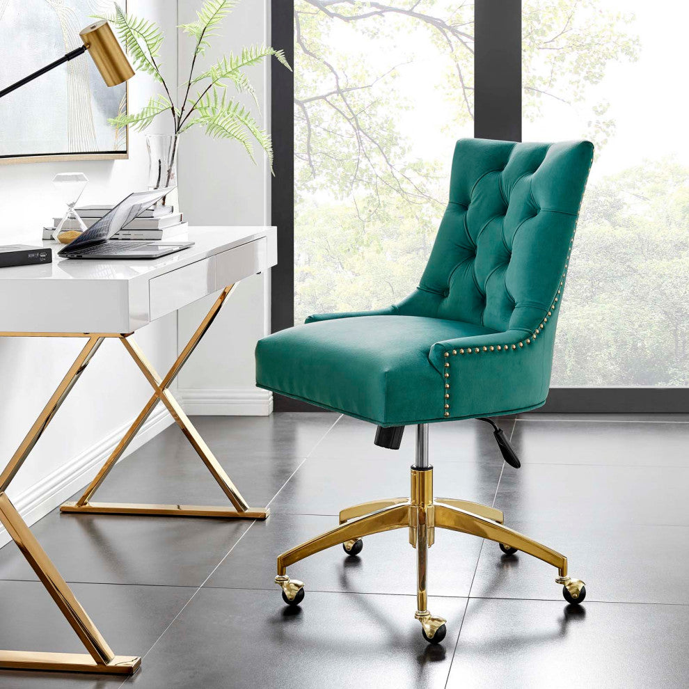 Computer Work Desk Tufted Chair, Velvet, Gold Teal Blue, Home Business Office