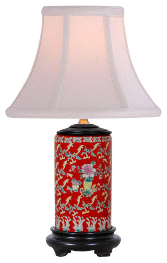 Red Floral Motif Porcelain Vase Table Lamp 15"