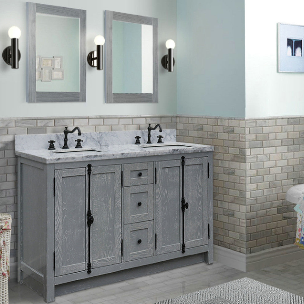 55" Double Vanity, Gray Ash With White Carrara Marble, Mirrors & Rectangle Sinks