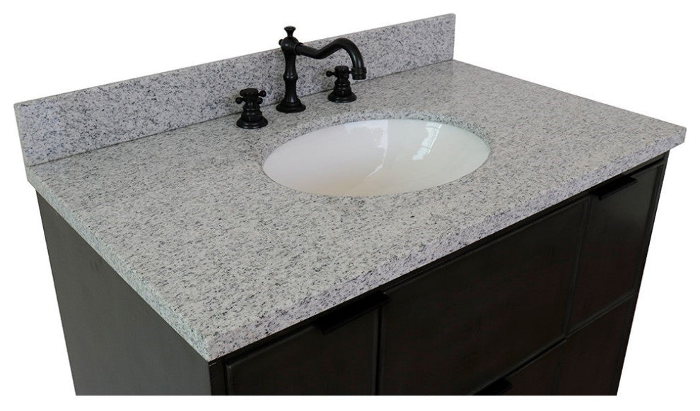 37" Single Vanity, Linen Gray Finish With Gray Granite Top And Oval Sink