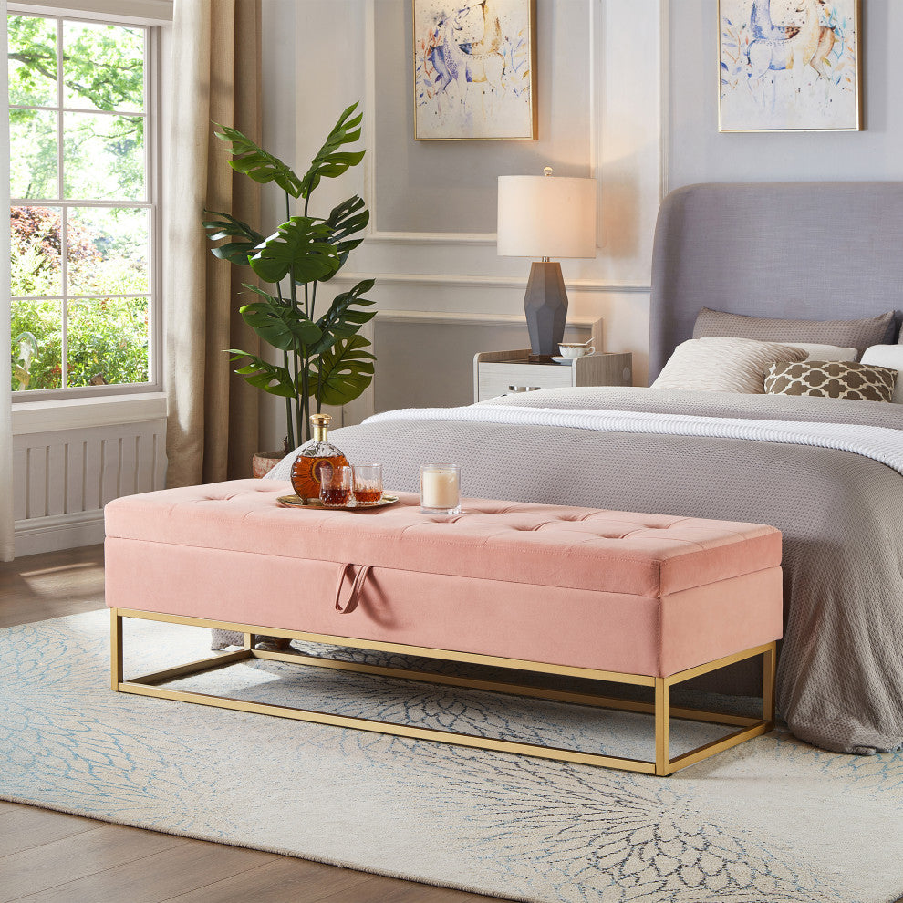 TATEUS Metal Base Bed Bench in Velvet Hidden Storage for Bedroom, Pink