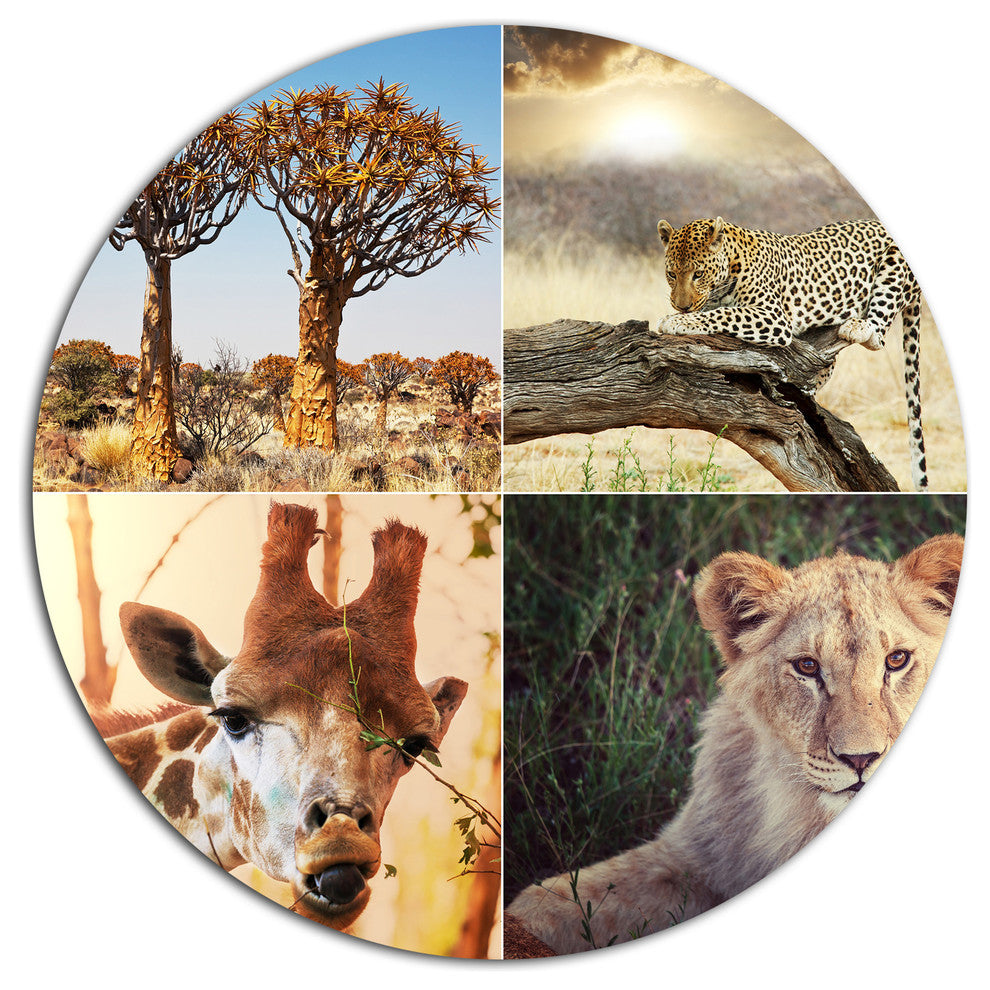 African Safari Wildlife Collage, African Landscape Round Artwork, 11"