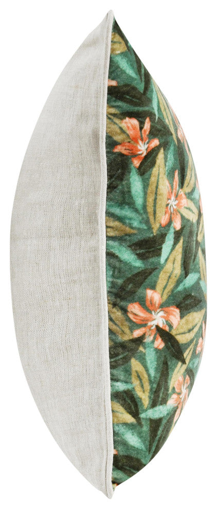 Lamia 22" Cotton Velvet Fabric Botanical Throw Pillow, Green