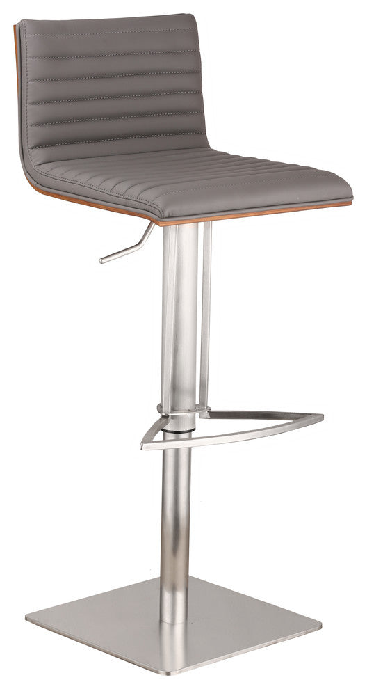 Cafe Adjustable PU Bar Stool With Walnut Back, Seat: Gray, Base: Brushed Stainless Steel