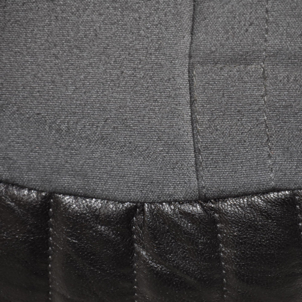 Poufs-Solid Handmade Goat Leather Pouf, Recycled Cotton Fill, Black, Round, 16x16x16