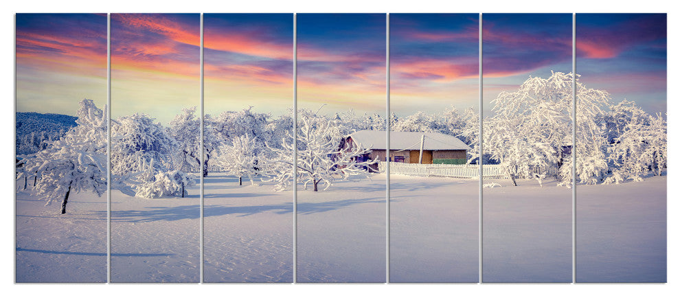 Snowfall Covering Trees and Houses, Landscape Canvas Print, 83"x32", 7 Panels