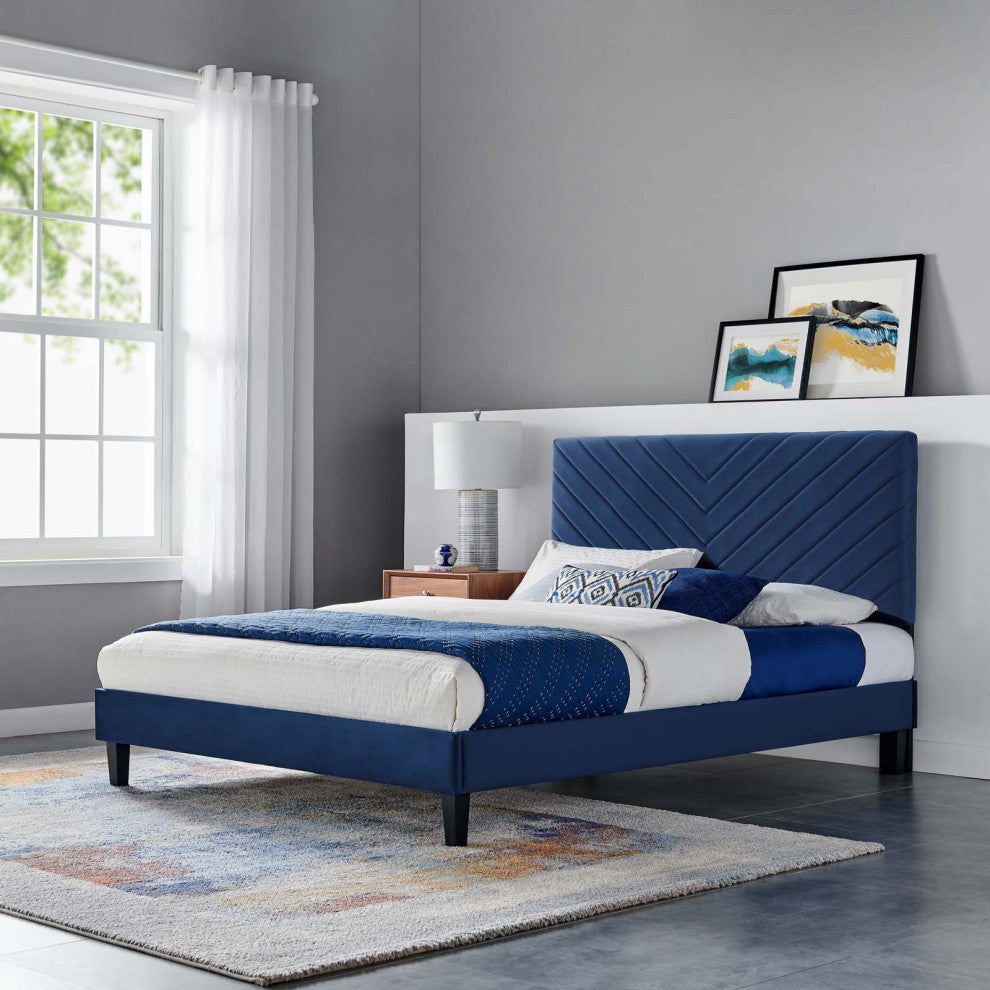Roxanne Performance Velvet Full Platform Bed, Navy