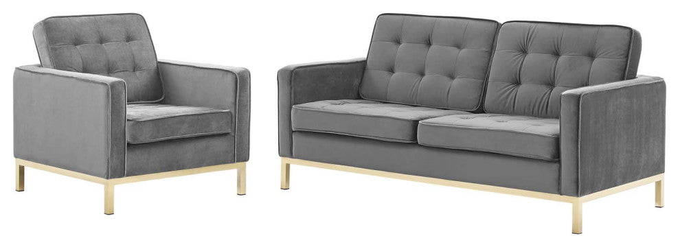 Armchair and Loveseat Sofa Set, Velvet, Gold Gray, Modern, Lounge